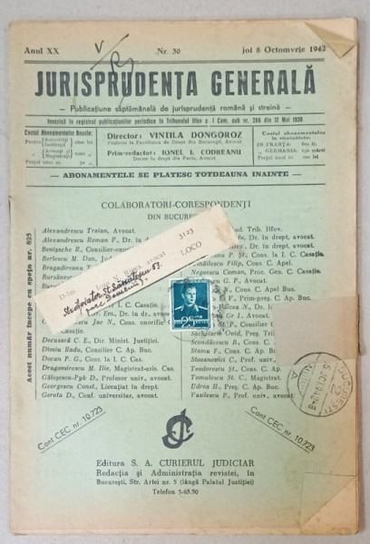 JURISPRUDENTA GENERALA , PUBLICATIUNE SAPTAMANALA DE JURISPRUDENTA ROMANA SI STRAINA , NR. 30 , 1942