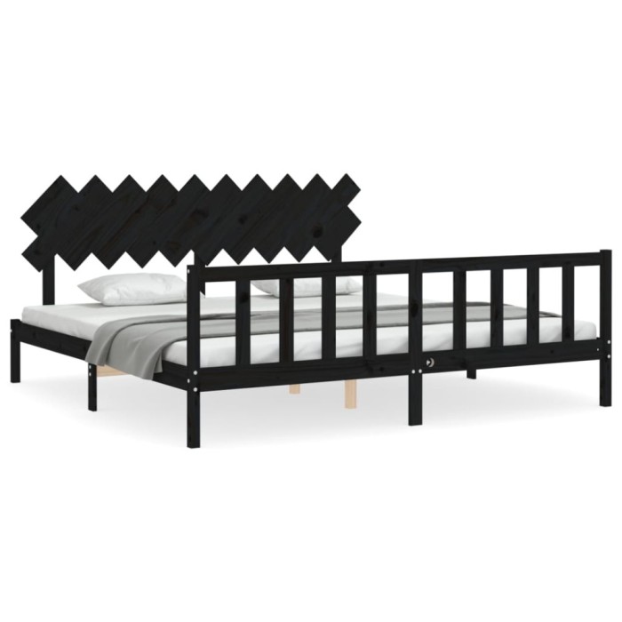 Cadru pat cu tablie 200x200 cm, negru, lemn masiv