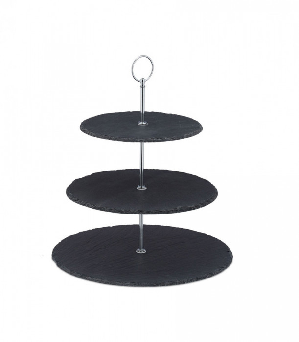 Suport etajat pentru servire, 3 nivele, Platouri ardezie, Negru, 34 cm