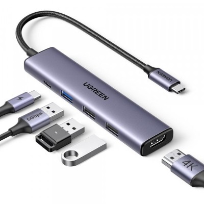 Hub USB-C UGREEN CM478, 1 x USB-A 3.0 - 2 x USB-A - 1 x USB-C - 1 x HDMI, Gri foto