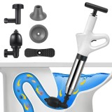 Pompă de curățare a scurgerilor cu aer comprimat, cu manometru, 4 ventuze pentru chiuvete și toalete &ndash; Argintiu