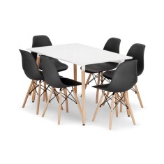 Set masa stil scandinav + 6 scaune Osaka negru, Artool, MDF alb si lemn, 120x80x75 cm