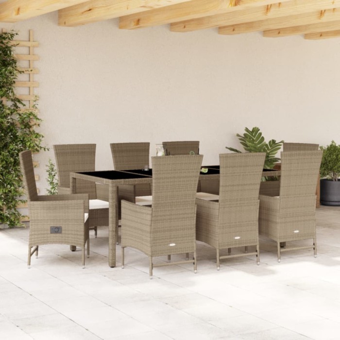 vidaXL Set de masă pentru grădină, 9 piese, cu perne, bej, poliratan 3277580