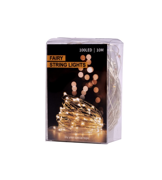 Ghirlanda luminoasa decorativa pe sarma, 10m cu 100 LEDuri, Lumina Calda, cu Baterii