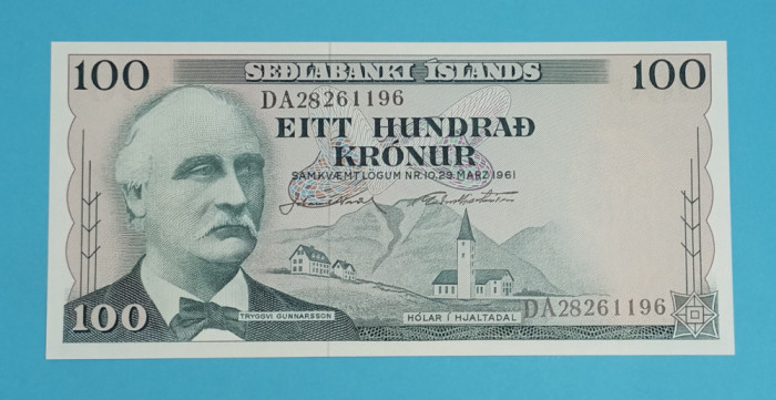 Islanda 100 Kronur L1961 &#039;Prima emisie Sedlabanki Islands&#039; UNC serie: DA28261196