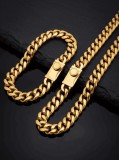 Set Barbati Lant + Bratara Cuban Link, Inox 316L Placat Aur, Grosime 1 cm &ndash; 60