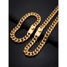 Set Barbati Lant + Bratara Cuban Link, Inox 316L Placat Aur, Grosime 1 cm &ndash; 60