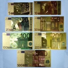 Lot 7 bancnote Euro placate cu aur 24k Gold Set colectie foto