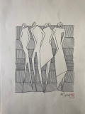 Lucrare tuș pe carton subțire semnat Al. Țipoia 42 x 29 cm, Nud, Carbune, Abstract