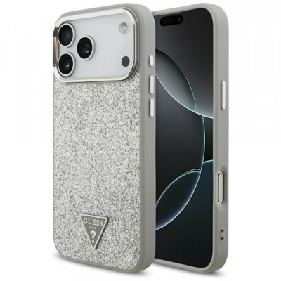 Husa MagSafe pentru Apple iPhone 17 Pro, Guess, Glitter Triangle Logo, Argintie foto