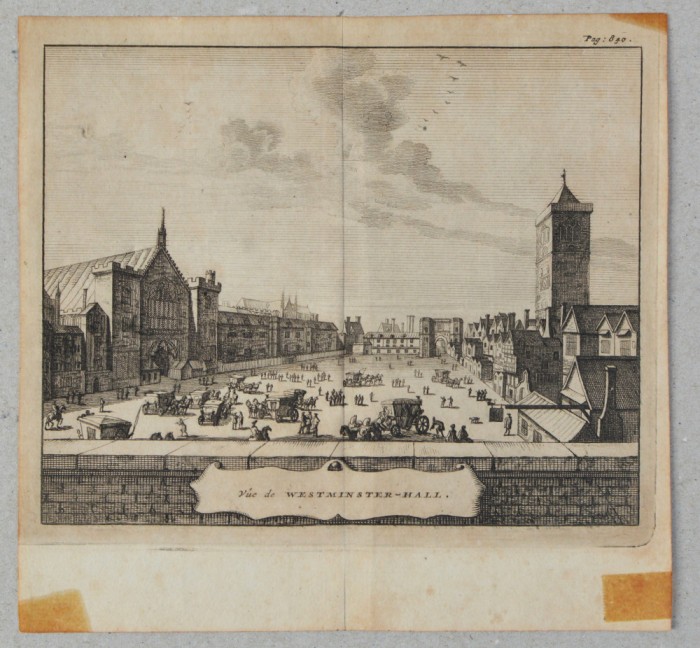 Pieter van der Aa &quot;Vue de Westminster Hall&quot; gravura veche 1707
