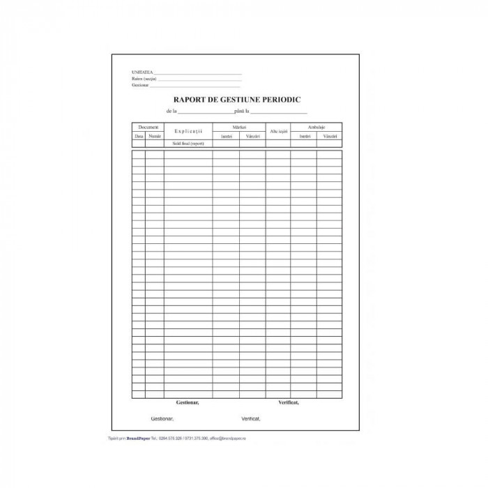 Raport Gestiune Periodic A4, 100 File/Carnet - Formular Tipizat Gestiune