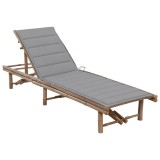 Șezlong de grădină vidaXL, bambus, cu pernă gri, 200x65 cm, reglabil