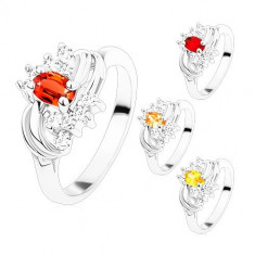 Inel de culoare argintie cu arcade lucioase netede, zirconii colorate și transparente - Marime inel: 54, Culoare: Roșu închis