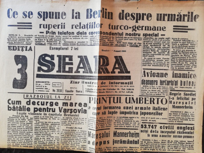 Ziarul Seara, 8 august 1944, 2 pagini, multe stiri de razboi, stare buna