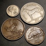 Lot 4 monede Irlanda (1/2 pingin 1935, 1 Pingin 1946, 3 Pingin 1968, 2 Shillings 6 Pence 1959).