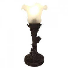 Veioza cu baza din polirasina maro si abajur din sticla alba Tiffany 12x31 cm