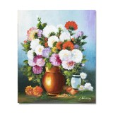Tablou pictat manual living, dormitor, hol, Vaza cu crizanteme, 60x50cm ulei pe panza, gata de agatat pe perete
