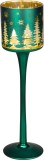 Suport pentru lumanare de Craciun din sticla verde cu braduti, 7x25 cm