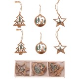 Set 6 decoratiuni de craciun din lemn, flippy, cu snur pentru agatare in brad, model brad, glob si steluta, verde