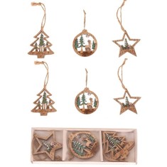 Set 6 decoratiuni de craciun din lemn, flippy, cu snur pentru agatare in brad, model brad, glob si steluta, verde