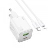 Incarcator Retea Cu Cablu Lightning HOCO N41, 20W, 3A, 1 x USB-A - 1 x USB-C, Alb, Apple