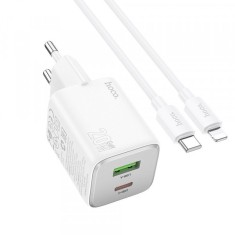 Incarcator Retea Cu Cablu Lightning HOCO N41, 20W, 3A, 1 x USB-A - 1 x USB-C, Alb