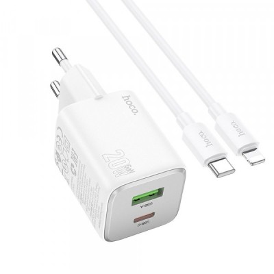 Incarcator Retea Cu Cablu Lightning HOCO N41, 20W, 3A, 1 x USB-A - 1 x USB-C, Alb foto