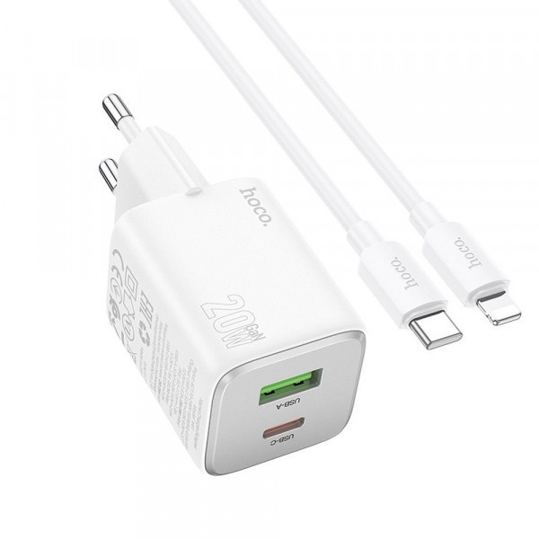 Incarcator Retea Cu Cablu Lightning HOCO N41, 20W, 3A, 1 x USB-A - 1 x USB-C, Alb