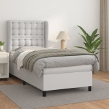 VidaXL Pat box spring cu saltea, alb, 90x200 cm, piele ecologică