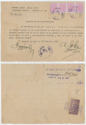 Romania, Primaria Comunei, Certificat de Nationalitate 2, Lugasul de jos, 1946 foto