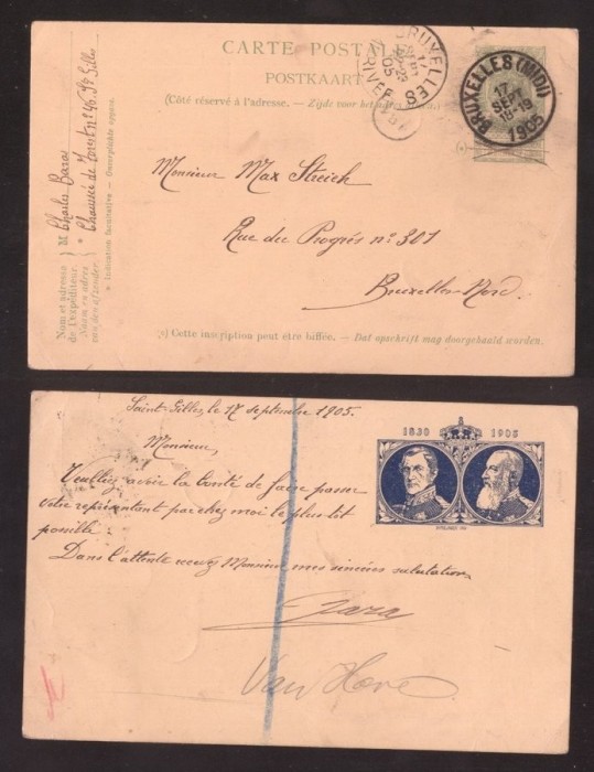 Belgium 1905 Postcard Postal stationery Saint-Gilles to Bruxelles D.513