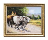 Tablou car cu boi pictat manual inramat, 65x55cm ulei pe panza, rama din lemn, reproducere Nicolae Grigorescu