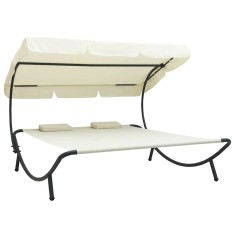 vidaXL Pat șezlong de exterior cu baldachin și perne, alb crem 48068