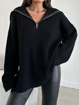 Pulover din tricot, cu fermoar, negru, dama, Shein foto