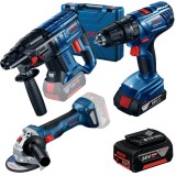Bosch GSB 180-LI + GWS 180-LI + GBH 180-LI + GBA - Masina de gaurit si insurubat cu percutie cu 1 acumulator Li-Ion 18 V 2 Ah 54 Nm valiza plastic + P