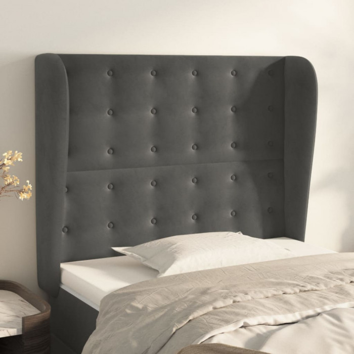 vidaXL Tăblie de pat cu aripioare gri &icirc;nchis 93x23x118/128 cm catifea