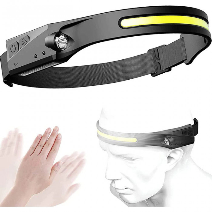 Lanterna de cap cu acumulator intern, frontala, senzor de miscare, banda leduri