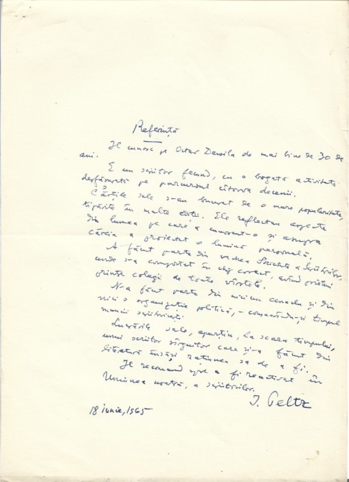 A3540N Isac Peltz, referință scrisă și semnată olograf pentru Octav Dessila, 1965