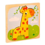 Puzzle montessori din lemn pentru copii, flippy, 3d, 0-3 ani, model girafa, educativ, intuitiv, creativ, 4 piese, 15x15x0.5 cm, multicolor