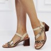 Sandale Dama Elegante Bej Toc Masiv 7cm BSZ9382 M12 Piele Ecologica Imprimeu Lemn Catarama Aurie