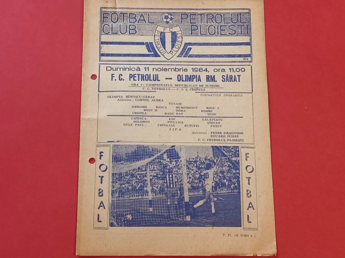 Program meci fotbal PETROLUL PLOIESTI - OLIMPIA RAMNICU SARAT (11.11.1984)