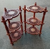 Set 2 Colțare Etajere Lemn Trandafir Antice, Sculptate Manual, Incrustații Alamă, 80cm