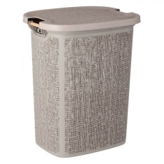 Coș de Rufe, Model Perforat cu M&acirc;nere de Lemn, Capac Detasabil, Capacitate 60 L, Maro Cappuccino, 46x37x57.5 cm