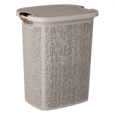 Coș de Rufe, Model Perforat cu M&amp;acirc;nere de Lemn, Capac Detasabil, Capacitate 60 L, Maro Cappuccino, 46x37x57.5 cm foto