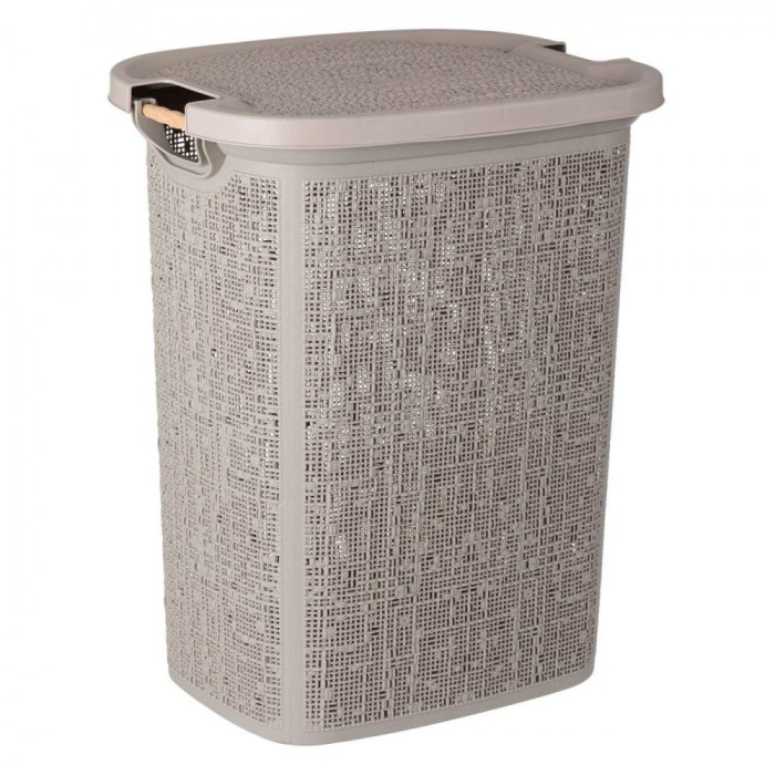 Coș de Rufe, Model Perforat cu M&acirc;nere de Lemn, Capac Detasabil, Capacitate 60 L, Maro Cappuccino, 46x37x57.5 cm