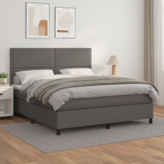 vidaXL Pat box spring cu saltea, gri, 180x200 cm, piele ecologică