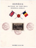 AMS @ - CARTON FILATELIC CU 1 VALOARE SERIA LP 128 1939, CENTENARUL REGELUI CAROL I, CU PRILEJUL PARTIDEI DE FOTBAL ROMANIA-ANGLIA, stampila speciala
