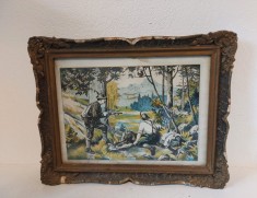 Tablou Vechi Scena clasica vanatoare, Rama Lemn ornamentat Suflat cu Bronz Desen Tus Cerneluri pe Carton Semnat Verso 39x30 Retro Colectie Arta