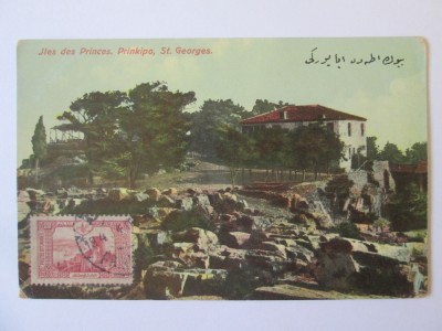 Carte postala circulata 1911 cu timbru rar 20 Paras,Constantinopol/Insula Printilor:Manastirea Sf.George,produsul din imagini foto